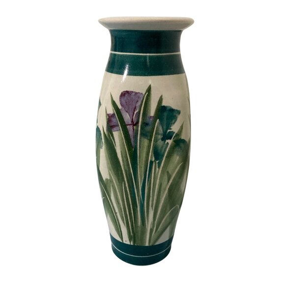 Signed Studio Art Pottery Hand Painted Iris Vase - Picture 3 of 7